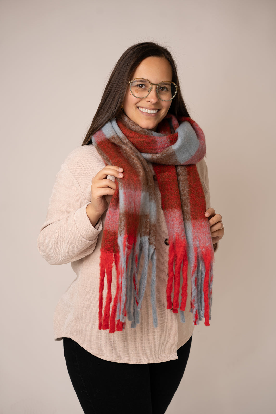 Wintersjaal rood/bruin/ licht blauw